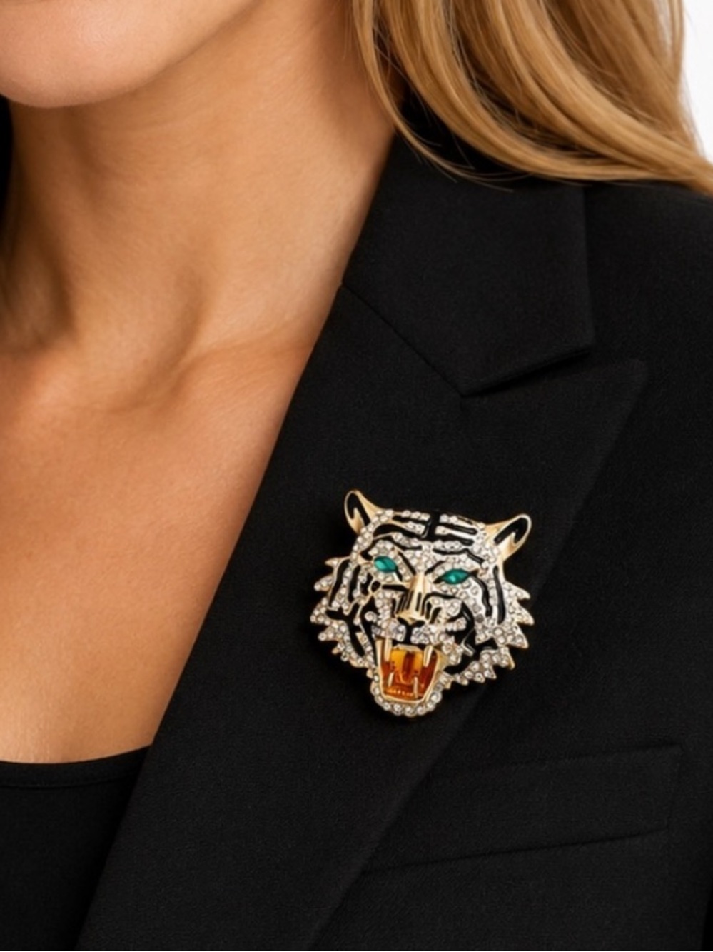 Gold Tiger Head Brooch Pin Pave Crystal Rhinestone Emerald Eye Cat⁠ NWT